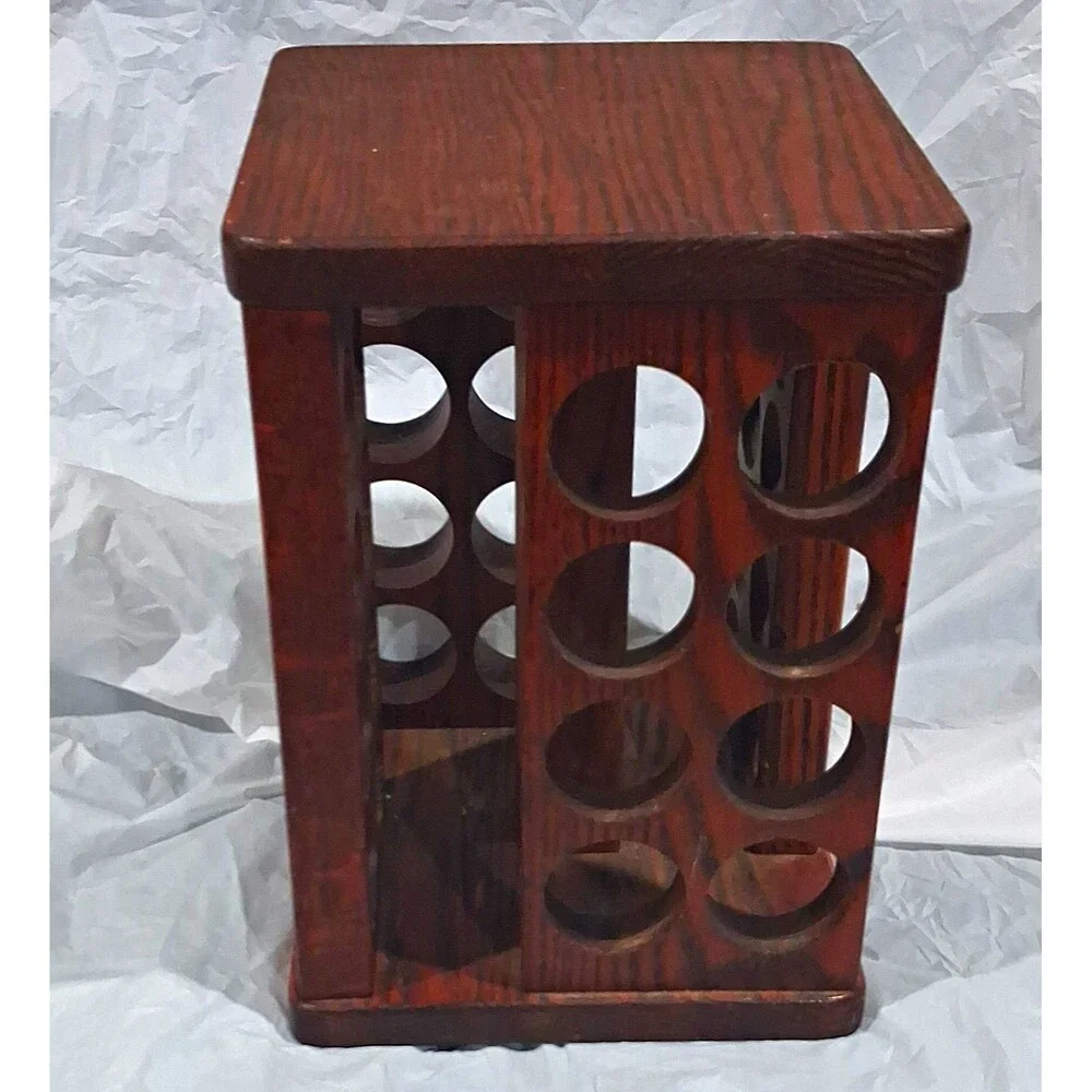 Vtg Wood Spice Rack, Spinning 32-Compartment Rectangular Brown Walnut Tone